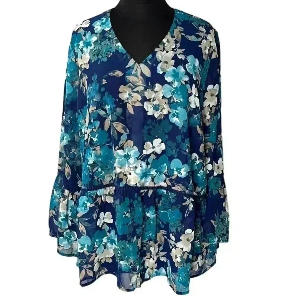 New Directions Floral Sheer Peplum Blouse Size 1X
